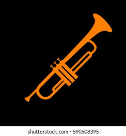 Musical instrument Trumpet sign. Orange icon on black background.