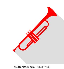 Musical instrument Trumpet sign. Red icon with flat style shadow path.