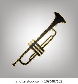 Musical instrument Trumpet sign. Vector. Blackish icon with golden stars at grayish background.