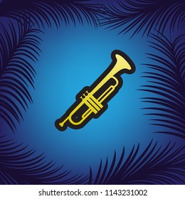Musical instrument Trumpet sign. Vector. Golden icon with black contour at blue background with branches of palm trees.