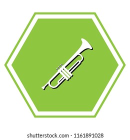 Musical instrument Trumpet sign. Vector. White icon with black shadow at yellow green honeycomb on white background.