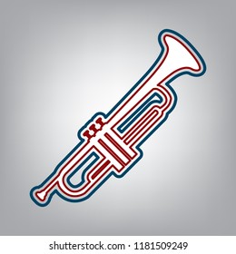 Musical instrument Trumpet sign. Vector. Dark red, transparent and midnight green stroke of white icon at grayish background.