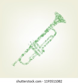 Musical instrument Trumpet sign. Vector. Green hexagon rastered icon and noised opacity and size at light green background with central light.