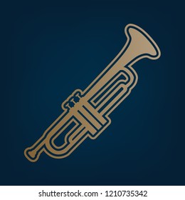 Musical instrument Trumpet sign. Vector. Golden icon and border at dark cyan background.