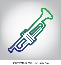 Musical instrument Trumpet sign. Vector. Green to blue gradient contour icon at grayish background with light in center.