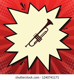 Musical instrument Trumpet sign. Vector. Dark red icon in lemon chiffon shutter bubble at red popart background with rays.