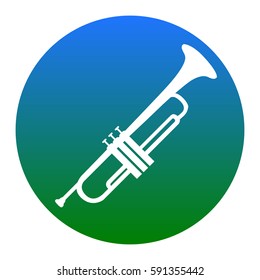 Musical instrument Trumpet sign. Vector. White icon in bluish circle on white background. Isolated.