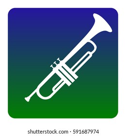 Musical instrument Trumpet sign. Vector. White icon at green-blue gradient square with rounded corners on white background. Isolated.