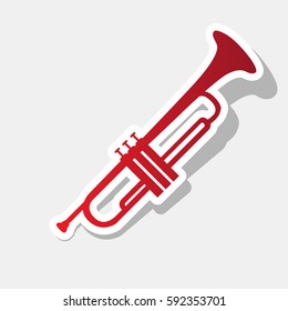 Musical instrument Trumpet sign. Vector. New year reddish icon with outside stroke and gray shadow on light gray background.