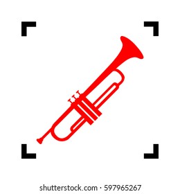 Musical instrument Trumpet sign. Vector. Red icon inside black focus corners on white background. Isolated.