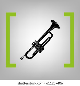 Musical instrument Trumpet sign. Vector. Black scribble icon in citron brackets on grayish background.