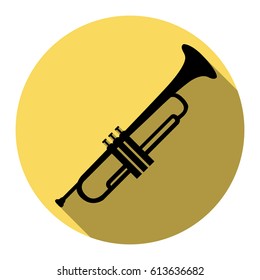 Musical instrument Trumpet sign. Vector. Flat black icon with flat shadow on royal yellow circle with white background. Isolated.