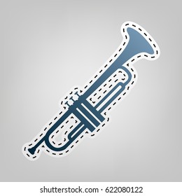 Musical instrument Trumpet sign. Vector. Blue icon with outline for cutting out at gray background.