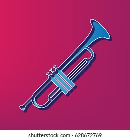 Musical instrument Trumpet sign. Vector. Blue 3d printed icon on magenta background.