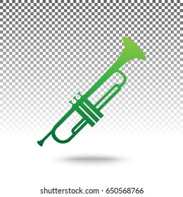 Musical instrument Trumpet sign. Vector. Green gradient icon with shadow at bottom on transparent and white background.