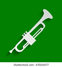 Musical instrument Trumpet sign. Vector. Paper whitish icon with soft shadow on green background.