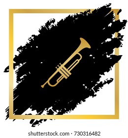 Musical instrument Trumpet sign. Vector. Golden icon at black spot inside golden frame on white background.