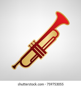 Musical instrument Trumpet sign. Vector. Red icon on gold sticker at light gray background.
