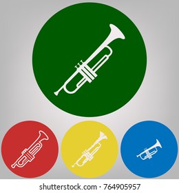 Musical instrument Trumpet sign. Vector. 4 white styles of icon at 4 colored circles on light gray background.