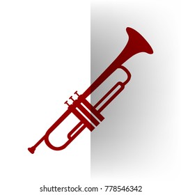 Musical instrument Trumpet sign. Vector. Bordo icon on white bending paper background.