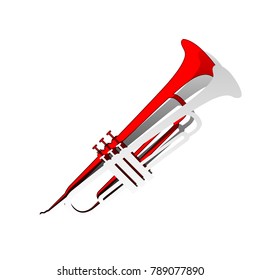 Musical instrument Trumpet sign. Vector. Detachable paper icon with red body stock. Isolated.