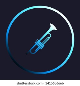 Musical instrument Trumpet sign. White, cyan and blue gradient icon as round button in white shell at dark blue background. Illustration.