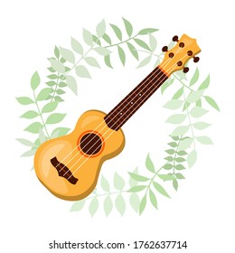 Musical instrument ukulele on the background of branches. Vector illustration of Hawaiian guitar in cartoon style.