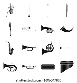 Musical instrument vector black icon set.Vector isolated illustration bagpipe, clarinet and flute.Icon set of musical instrument.