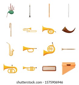 Musical instrument vector cartoon icon set.Vector isolated illustration bagpipe, clarinet and flute.Icon set of musical instrument.