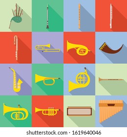 Musical instrument vector flat icon set.Vector isolated illustration bagpipe, clarinet and flute.Icon set of musical instrument.