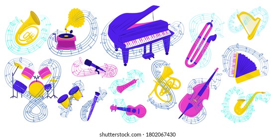 Musical instrument vector illustration set. Cartoon flat colorful collection acoustic icons for musicians with notes, music group equipment. Saxophone, guitar, drum kit, harp or piano isolated on white