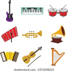 Musical instrument vector illustration set. Accordion, guitar, harp, drum, violin.