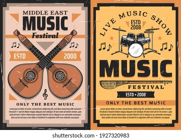 Musical instrument vector posters of music festival, live concert and folk fest. Drum, mandolins and saz baglama, musical notes and treble clef retro invitations with grunge effects