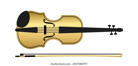 Instrumento musical violín y arco con un color dorado. Ilustración vectorial aislada sobre fondo blanco