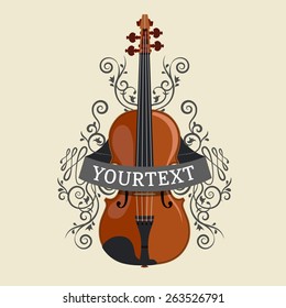Musical Instrument - Violin with vintage ornament, vector illustration.