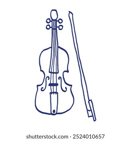 Musical instrument. Violin or viola with bow. Hand drawn sketch. Blue pen or marker drawing. Primitive kids picture