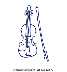 Instrumento musical. Violín o viola con arco. Boceto dibujado a mano. Dibujo azul del bolígrafo o del marcador. Imagen de niños primitivos.