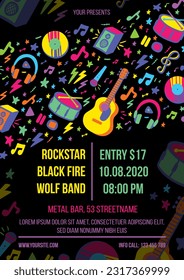 Musical instrumental concert poster with rock and classic musical instruments. Template for printing, announcement poster for inviting guests to celebration of holiday, live carnival. Vector