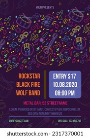 Musical instrumental concert poster with rock and classic musical instruments. Template for printing, announcement poster for inviting guests to celebration of holiday, live carnival. Vector