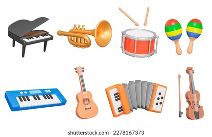 Instrumentos musicales conjunto de iconos 3d. Clásica y moderna, para aficionados y profesionales. Piano, trompeta, tambor, maracas, sintetizador, guitarra, acordeón, violín, objetos aislados sobre fondo transparente
