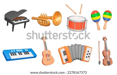 Musical instruments 3d icon set. Classic and modern, for amateurs and professionals. Piano, trumpet, drum, maracas, synthesizer, guitar, accordion, violin, Isolated objects on transparent background Сток-фото © 