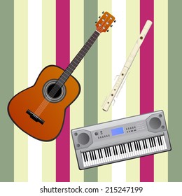 Musical instruments with abstract background - flute, guitar and electric piano