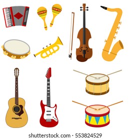 Musical instruments, accordion, maracas, violin, saxophone, tambourine, trumpet, drum, classical guitar, electric guitar, sound, melody. Flat design, vector illustration, vector.