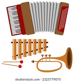 Musikinstrumente. Akkordeon, Xylophon, Trompete. Kann für Embleme, Konzerte, Musik, Schule verwendet werden