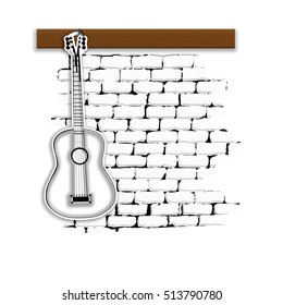 Musical Instruments acoustic guitar on the brick wall. Isolated on white background can be used with any text or image.