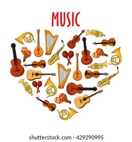 Musical instruments arranged into heart shape with guitars and violins, saxophones and trumpets, horns and harps, maracas and banjo mandolins. Music theme or arts, music and entertainment design