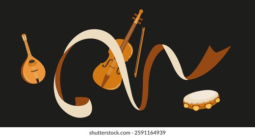 Musical instruments arranged with ribbons in a creative artistic design on a black background