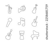 Musical instruments artistic style continuous line icons. Editable stroke.