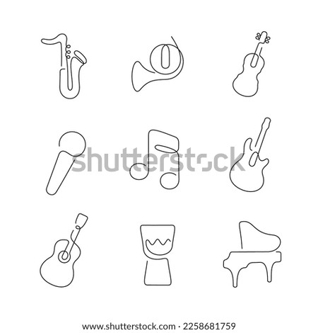 Musical instruments artistic style continuous line icons. Editable stroke.