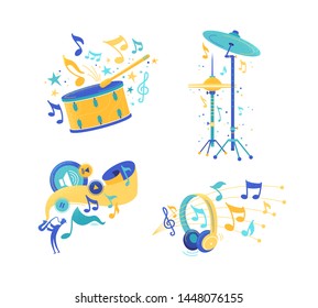 Musical instruments and audio listening illustrations set. Percussion, drum cymbals and snare flat drawing. Modern headphones isolated clipart. Play, stop music app icons. Jazz musician playing sax